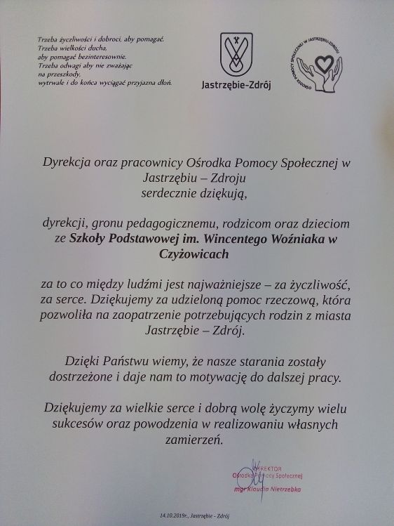 Podziękowania dla ZSP Czyżowice